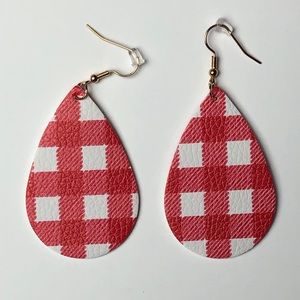 Red White Plaid Leather Teardrop Earrings